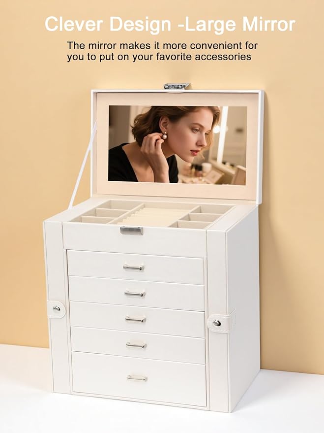 BOOVO Jewelry Box For women, 6 Layer Large Jewelry Organizer With Mirror, Multi-Function Storage Box With Lock, Accessory Holder With 5 Drawers, For Earrings Necklace Ring Bracelet (Pearl White)-CubbioJoy