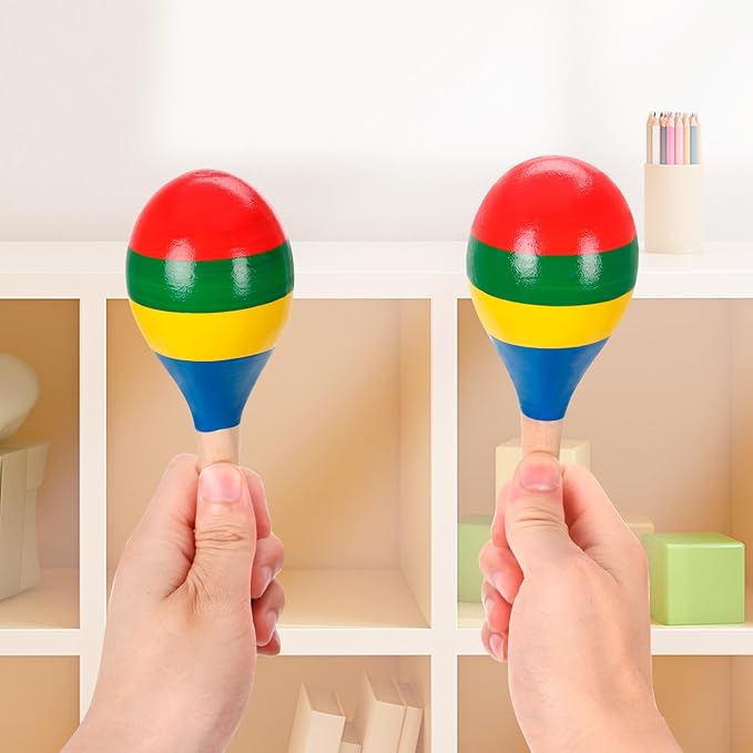 2 Pcs Maracas, Hand Percussion Rattles for Kids, Wooden Rumba Shaker Hand Musical Instruments with Clear Rhythm for Kids Adults Playing (Colorful)-CubbioJoy