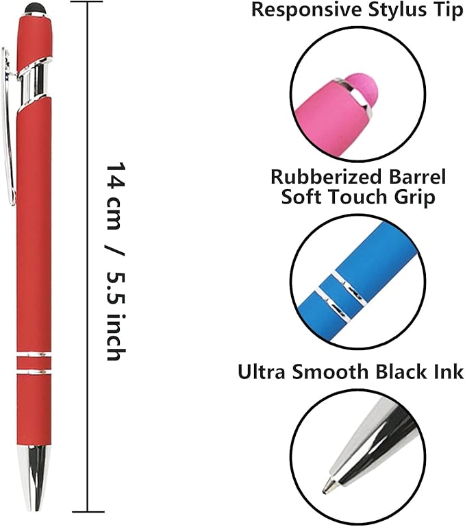 Ballpoint Pen with Stylus Tip, Soft Touch Click Metal Pen, 1.0mm Medium Point, Black Ink, 12 Count(Red)-CubbioJoy