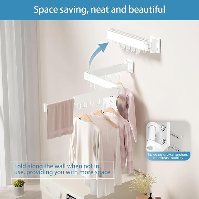 Clothes Drying Rack Wall Mounted,Space Saving Wall Drying Rack,Retractable Collapsible Tri-Fold,for Bathroom,Balcony,Outdoor lndoor with Laundry,White-CubbioJoy