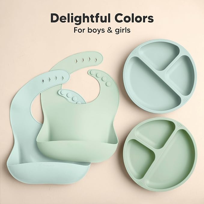 KeaBabies 2-Pack Silicone Baby Bibs for Eating - Sturdy Food-Grade Silicone Bibs for Babies Girl, Boy, Large Food Catcher, Clean & Put On Easily, Waterproof Toddler Feeding Essentials(Pastel Sky)-CubbioJoy