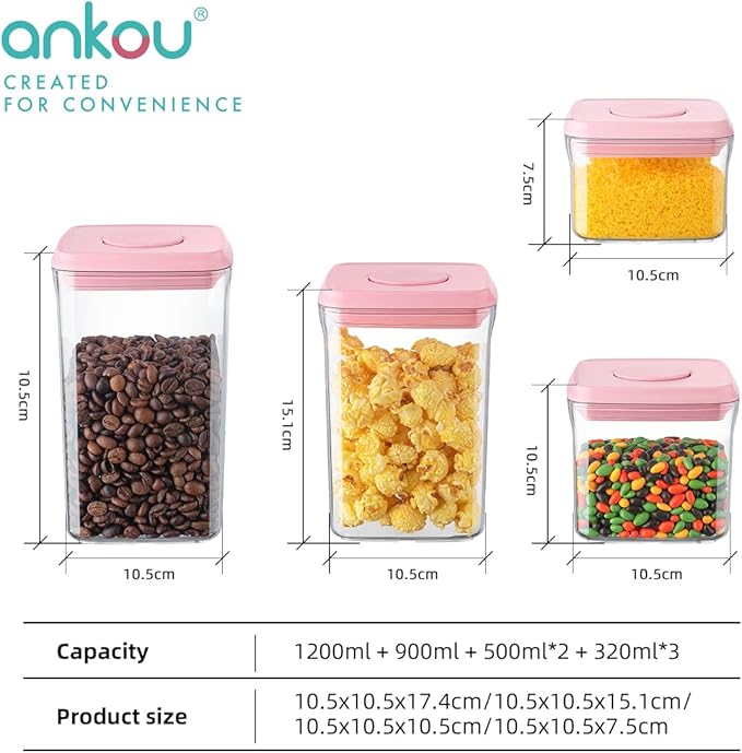Ankou Airtight Food Storage Container - 7 Pcs One Button Handy Container Stackable Food Containers for Snacks Candy Salt Herbs Spices Coffee Bean Formula Popcorn BPA-Free Tight Seal-CubbioJoy
