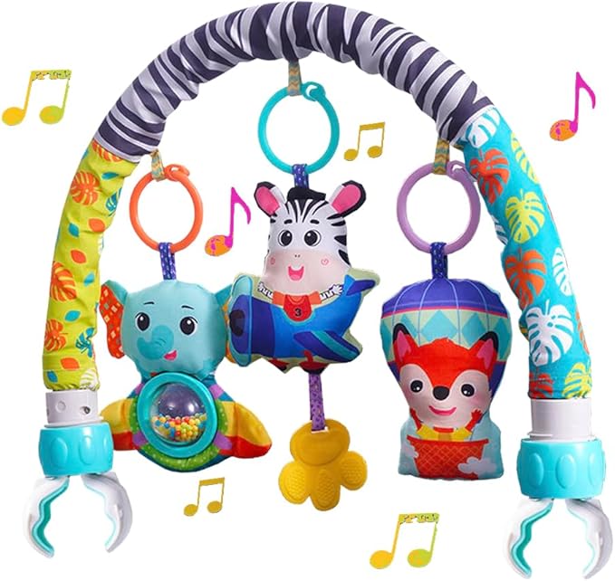 Baby Stroller Arch Mobile With Universal Clamps - Clip-On Activity Bar for Bassinet, Bouncer, Crib, Car Seat - Musical Infant Toys With Elephant Squeaker and Zebra Rattle-CubbioJoy
