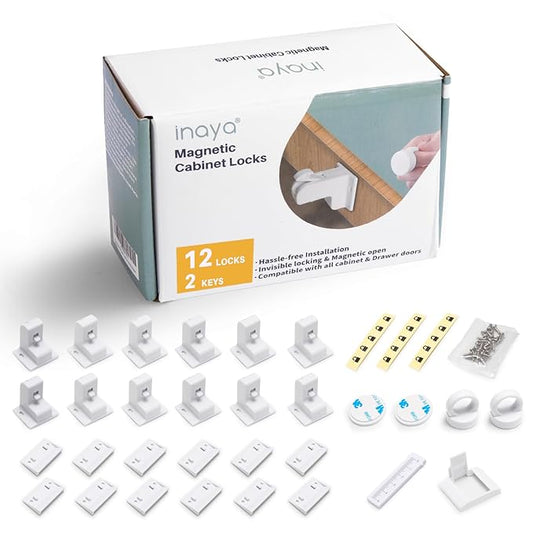 Inaya Magnetic Cabinet Locks Baby Proofing, 12 Locks & 2 Keys, Child Proof Magnet Locks for Cabinet Drawers with Invisible Design, 3M Adhesive for Easy Installation - No Drill & Tools Needed-CubbioJoy