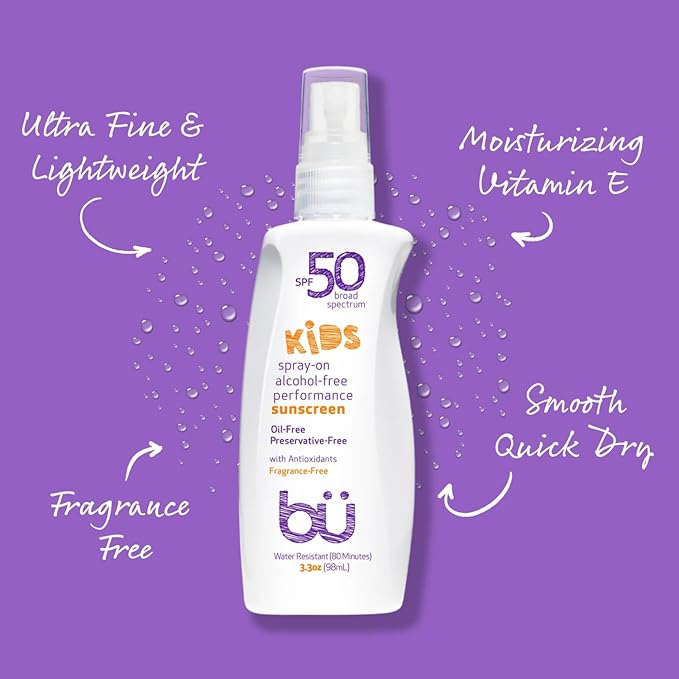 BU SPF 50 Kids Sunscreen Spray for Face and Body, Non Aerosol Spray, Fragrance Free, Clear, Non Greasy, Water Resistant, Fragrance Free 3.3 oz-CubbioJoy