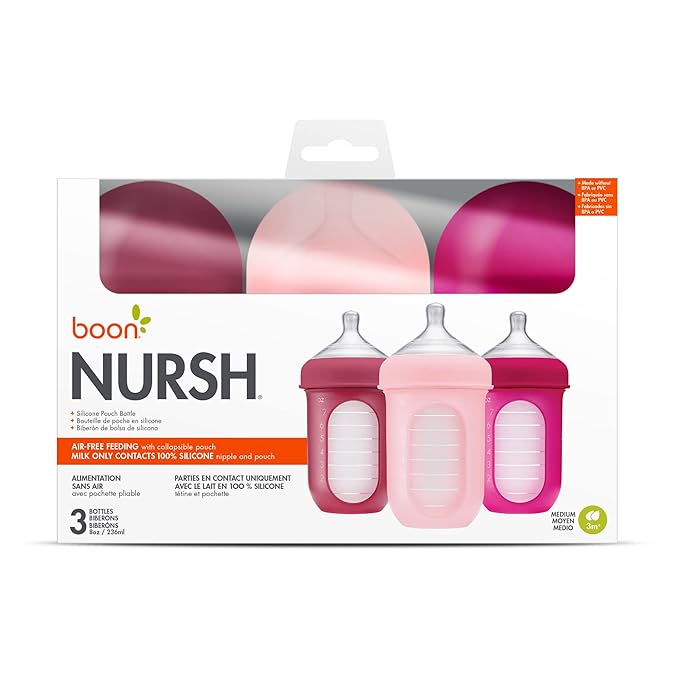 Boon Nursh Reusable Silicone Pouch Baby Bottles - Medium Flow Nipple - Silicone Baby Bottle Pouch and Nipple - Baby Feeding Essentials - Pink - 3-6 Months - 3 Count - 8 Ounce-CubbioJoy