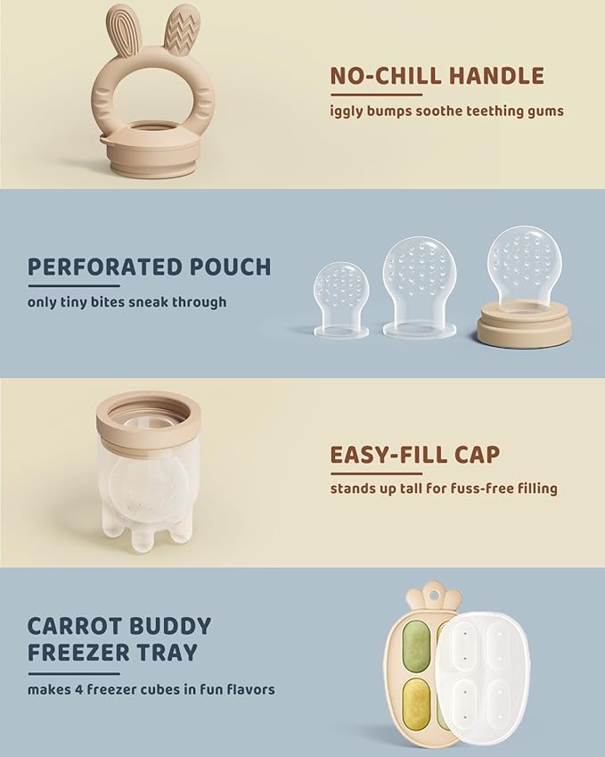 2 Packs Baby Fruit Feeder & Freezer Nibble Tray Combo, Push Pop Baby Food Feeder to Safely Introduce New Foods, Fresh & Frozen Food Silicone Feeder, 100% Food Grade, BPA Free (Caramel & Blue)-CubbioJoy