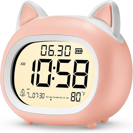 Kids Alarm Clock with Night Light for Kids, Small Digital Alarm Clocks for Bedrooms, Routine Builder, Cute Cat Alarm Clock with Sleep Training, Snooze, 12/24H, Date & Day, Temperature, USB Port-CubbioJoy