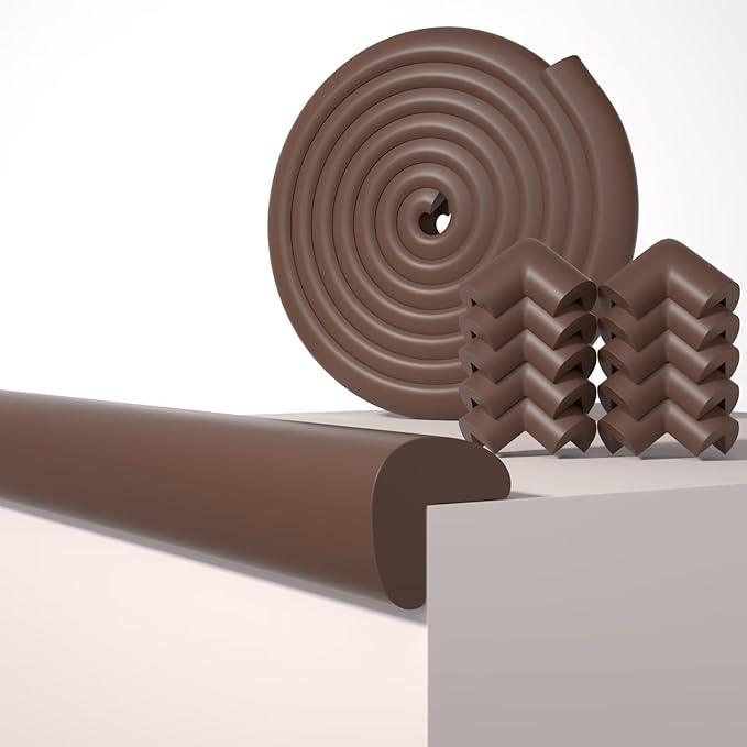 Baby Proof Edge Corner Protector, 16.4FT 0.47''Th L-Shape Furniture Corner & Edge Safety Bumpers with 10 Corners, Pre-Taped, Soft NBR Rubber Foam Desk Edge Cushion Wall Corner Protector (Coffee)-CubbioJoy