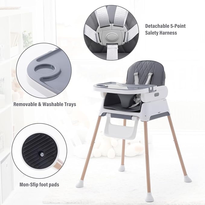 3 in 1 Baby High Chair,Adjustable Convertible Infant Baby Feeding Chair Booster for Eating with Detachable Double Tray,5 Point Harness,Deep Gray-CubbioJoy