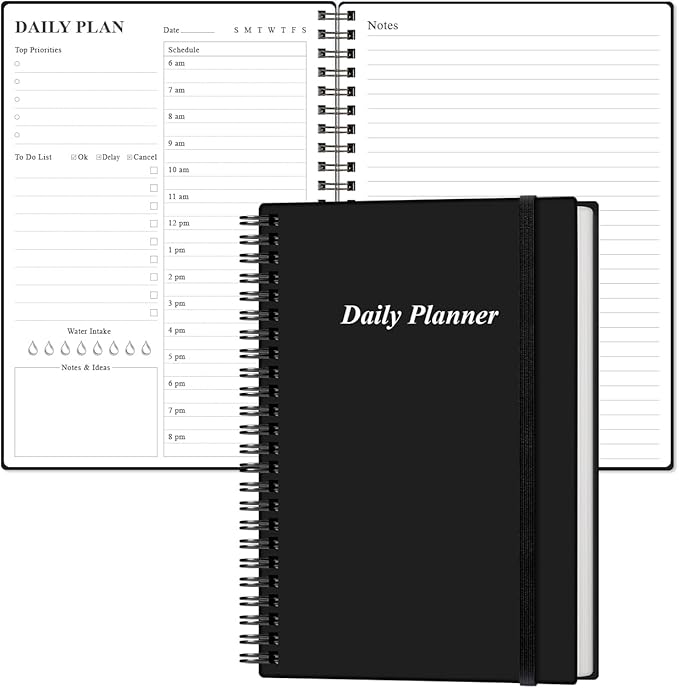 Daily Planner Undated - A5 To Do List Notebook Hourly Schedules, Spiral Appointment Planner for Women and Men, PVC Hardcover, Inner Pocket, Elastic Closure, 5.8" x 8.3", Black-CubbioJoy