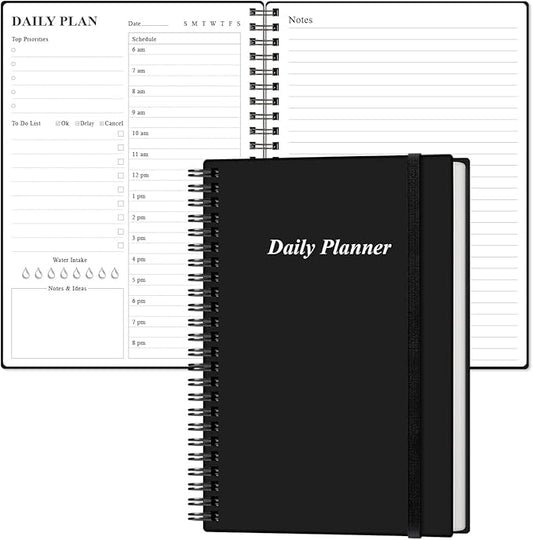 Daily Planner Undated - A5 To Do List Notebook Hourly Schedules, Spiral Appointment Planner for Women and Men, PVC Hardcover, Inner Pocket, Elastic Closure, 5.8" x 8.3", Black-CubbioJoy