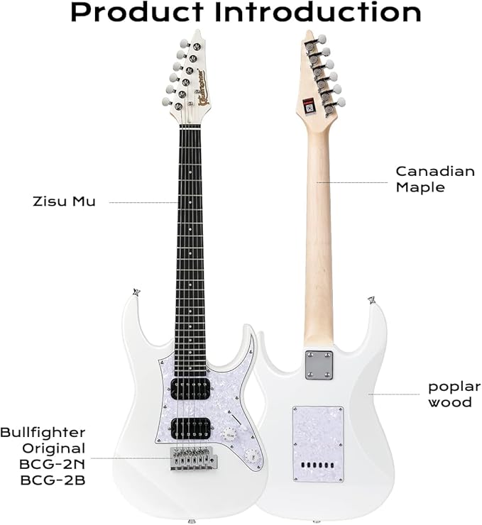 Bullfighter 34 Inch Kids Mini Strat Electric Guitar for Boys Girls, Beginner’s Electric Guitar Kit with Gig Bag, Picks, Cable, Strap, Extra Strings D120-R (blue) (White)-CubbioJoy