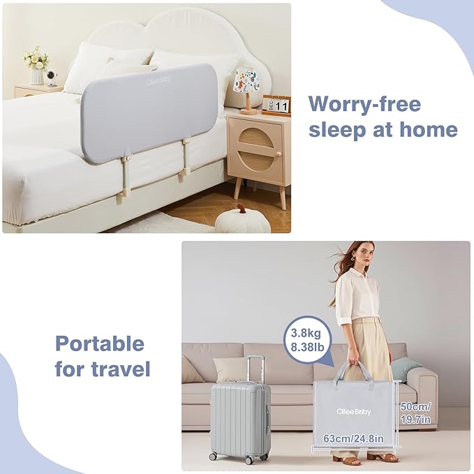 Ciilee Baby Bed Rail for Toddlers Portable Travel Kids Beds Guard Rails for Queen Bed Foldable Children Side Railing for Twin Beds Adjustable Bedrail Barandas para Camas de Niños（Grey,48in-CubbioJoy