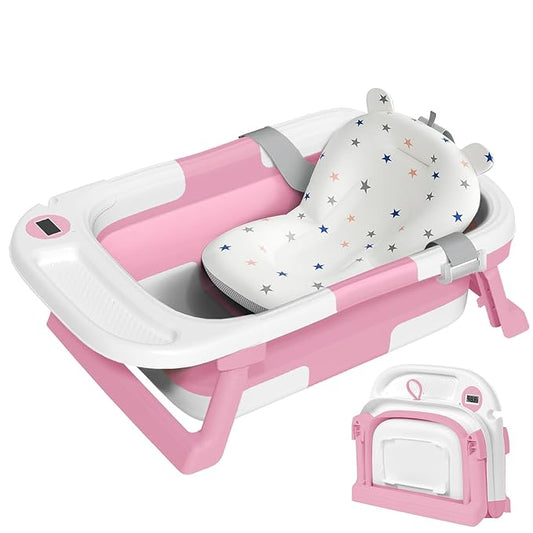 Collapsible Baby Bathtub,Baby Bath Tub with Thermometer & Soft Cushion,Baby Bathtub for Newborn to Toddler 0-36 Months,Portable Travel Baby Tub with No-Slip Feet,Baby Shower Gifts,Pink-CubbioJoy