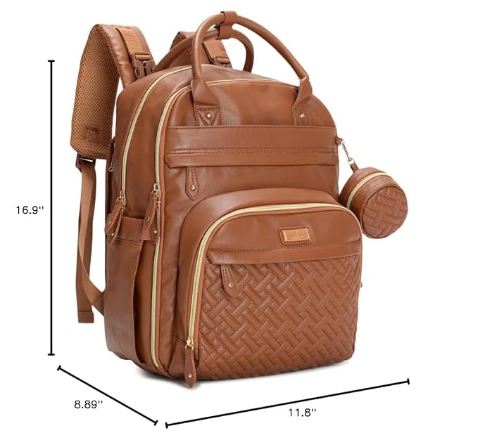 BabbleRoo Leather Diaper Bag Backpack - Baby Essentials Travel Baby Bag, Multi function, Waterproof, with Changing Pad, Stroller Straps & Pacifier Case – Unisex, Natural Brown-CubbioJoy