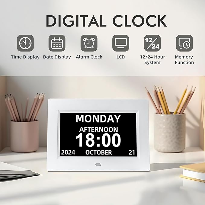 Digital Calendar Alarm Clock for Seniors - 7" Large Display with Day/Date, 12 Custom Alarms & Auto-Dimming | Medication Reminder, Dementia-Friendly Design, Easy Read (White)-CubbioJoy