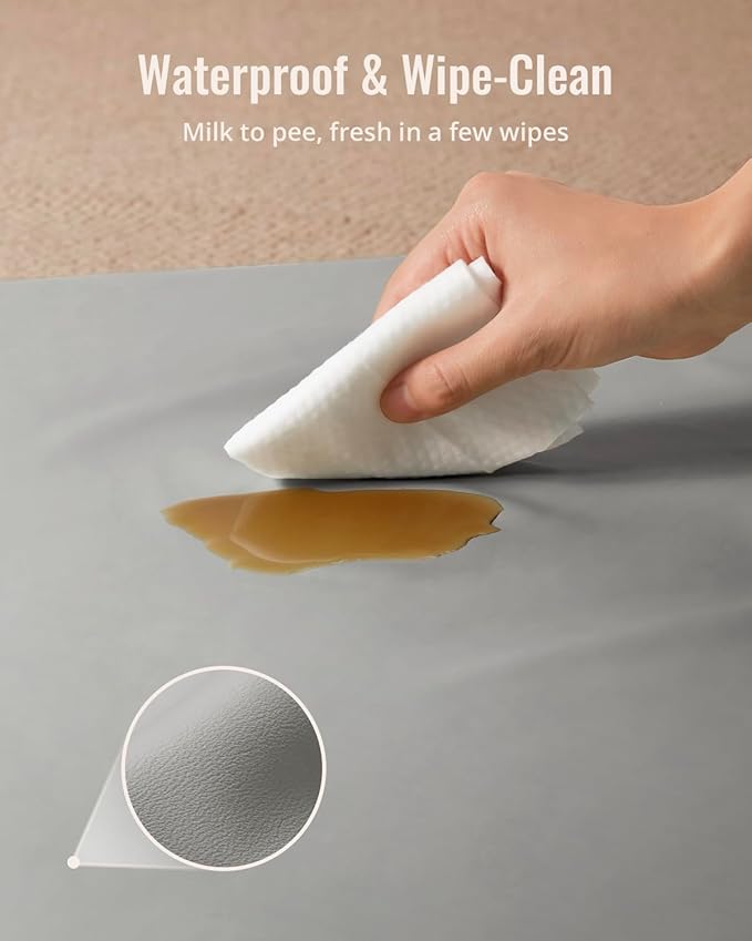 Blissful Diary Vegan Leather Baby Play Mat, 50x50 Thicken Foam Cushioned & Waterproof Playpen Mat for Infants and Toddlers, Stylish and Just Wipe-Clean Playmat for Baby Play on Floor, Light Gray-CubbioJoy