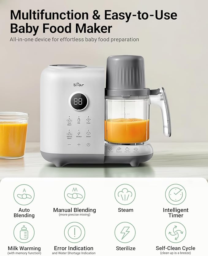 Bear Baby Food Maker with Two Layer Steam Baskets, Multifunction Baby Food Processor Steamer Puree Blender, Baby Food Mill with Bottle Warming Sterili-zing Auto Cleaning Function, BPA-Free, White-CubbioJoy