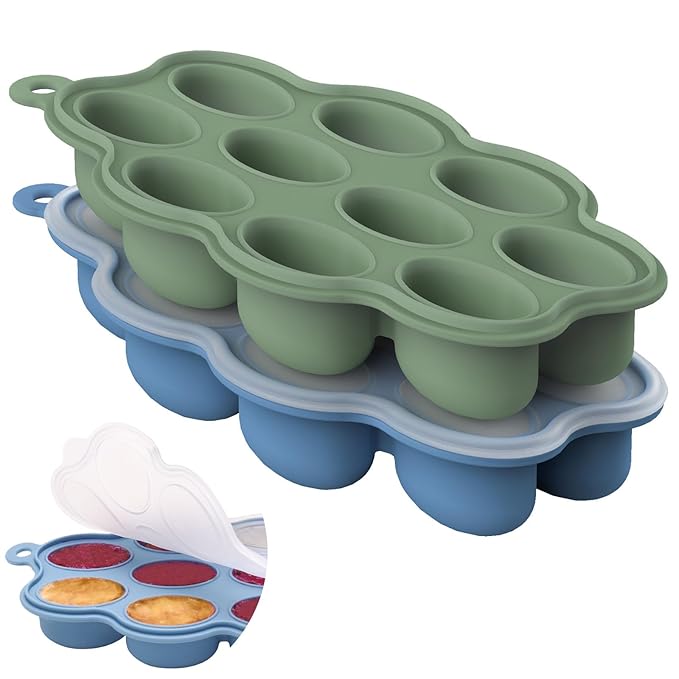 Baby Food Storage Container 2 Pack Silicone Freezer Tray Breast Milk Molds for Homemade Baby Food, Fruit Purees, Vegetable - Keep Your Baby's Meals Fresh and Safe (Matte Blue + Green)-CubbioJoy