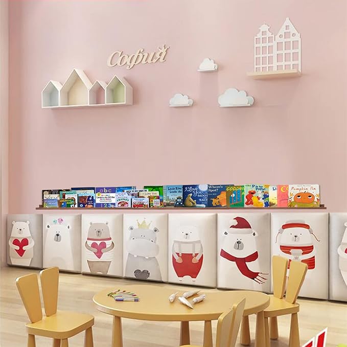 36 Inch Picture Ledge Shelf Rustic Wall Mount Light Walnut Long Narrow Picture Shelves Storage for Books Toys Music Albums Green Plants-Photo Ledge Shelf Set of 3 Mounting Hardware Include-CubbioJoy