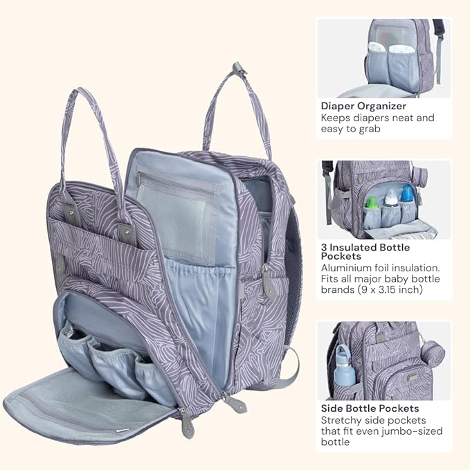 BabbleRoo Diaper Bag Backpack - Baby Essentials, Travel Essentials Baby Bag with Changing Pad, Stroller Straps & Pacifier Case - Unisex, Gray Swirls-CubbioJoy