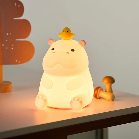 ATSUI Hippo Night Light, LED Squishy Novelty Animal Lamp, Food Grade Silicone, 2 Level Dimmable, Nursery Nightlight for Desk Decor, Funny Gifts Stuff for Boys Girls Baby, White Elephant Gifts-CubbioJoy