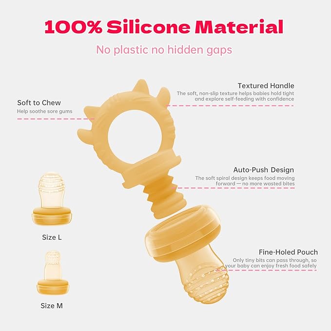 Baby Food Fruit Feeder & Freezer Tray, Auto-Push Fresh Food Feeder Pacifier for Self Feeding, Breastmilk Popsicle Molds for Baby Teething Relief, BPA-Free Silicone, 2 Sizes for 3-12 Months-CubbioJoy