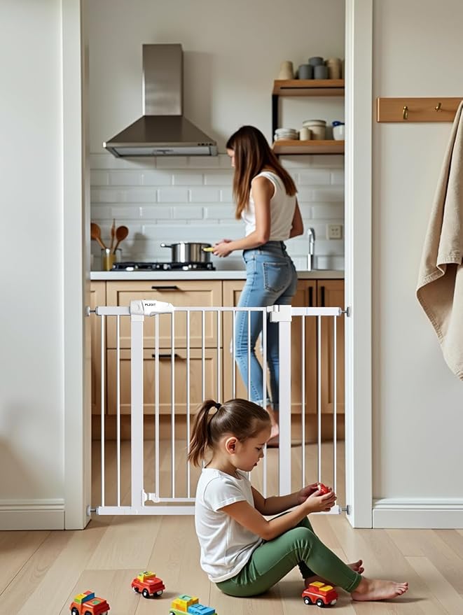 36.2" Extra Tall Baby Gate for Stairs, 29.5-46" Wide Dog Gate for Doorways, Walk Thru Auto Close Metal Child Gate for The House, Stairs and Doorways, Pet Gate Pressure Mounted Dog Gate Indoor (White)-CubbioJoy