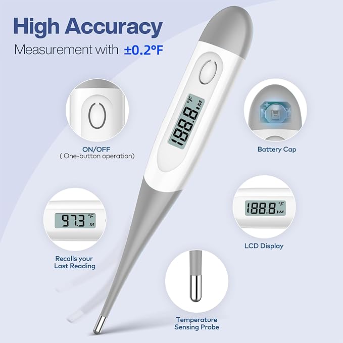 Boncare 10 Seconds Digital Thermometer for Adults and Kids - Accurate & Safe Rectal Thermometer for Baby with Fever Alarm, Oral Thermometer (Gray)-CubbioJoy