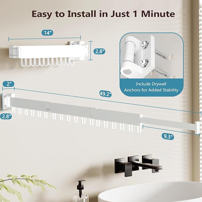 JAUREE Clothes Drying Rack Wall Mounted, Laundry Drying Rack Collapsible, Space Saving Wall Drying Rack Clothing Foldable, Tri-Fold Retractable Rack Outdoor Indoor with 18 Hooks, White-CubbioJoy