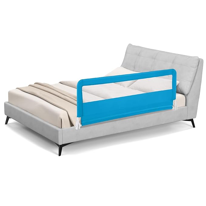 BABY JOY Bed Rails for Toddlers, 59'' Extra Long, Swing Down Bed Guard w/Safety Straps, Folding Baby Bedrail for Kids Twin, Double, Full Size Queen & King Mattress (Blue, 59-Inch)-CubbioJoy