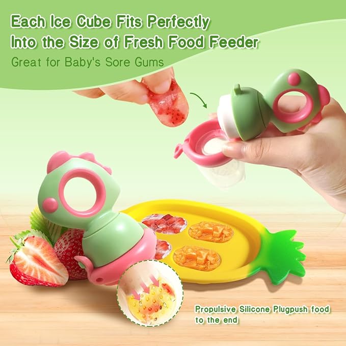 Baby Fruit Food Feeder - Silicone Nibble Tray Combo - Breastmilk Popsicle Mold for Cooling Relief, BPA Free Mesh Feeder for Infant Self Feeding (Dinosaur Green + Pineapple)-CubbioJoy