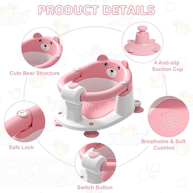 Baby Bath Seat for Babies 6 Months & up, Non-Slip Toddler Bath Seats for Babies Sitting Up, Safe Infant & Newborn Bathtub Chair with 4 Suction Cups & Soft Cushion for Shower,Pink-CubbioJoy