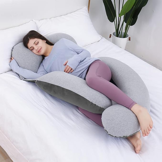 AS AWESLING 60in Full Body Pillow | Nursing, Maternity and Pregnancy Pillow | Extra Large U Shape Pillows with Detachable Side, Separate Support Pillow and Removable Cover (Velvet and Jersey Grey)-CubbioJoy