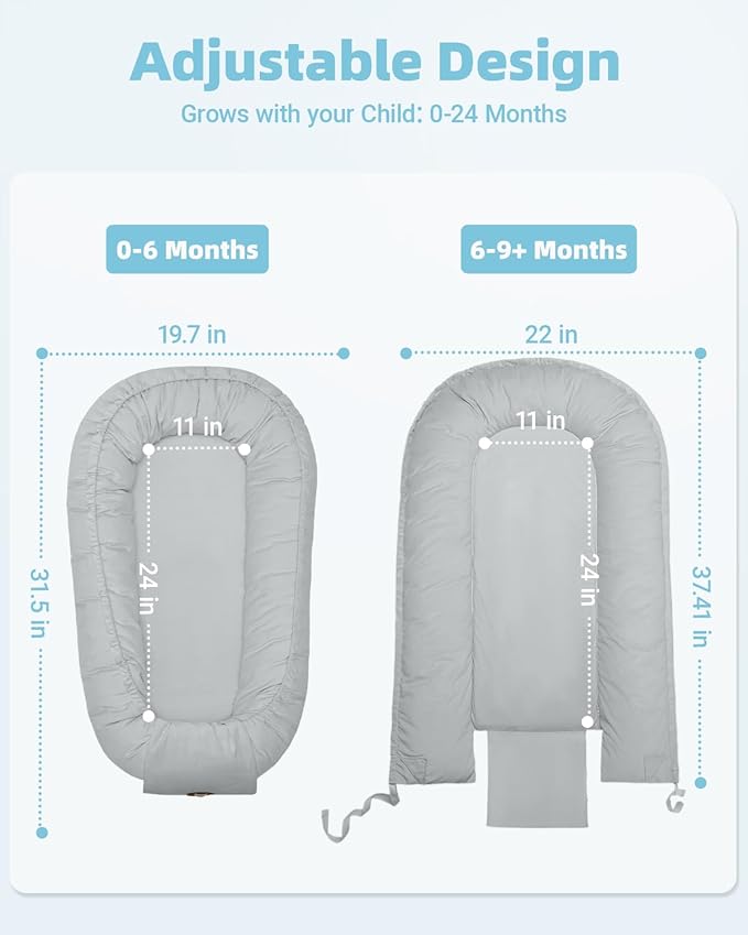 Baby Lounger for Newborn 0-24 Months, Breathable & Soft Infant Lounger, Adjustable Tummy Time Lounger for Home and Travel, Baby Girls & Boys Newborn Babies Essentials Stuff, Grey-CubbioJoy