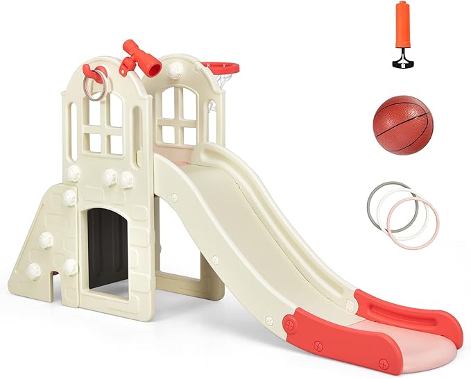 BABY JOY Toddler Large Slide, 6 in 1 Slide for Kids with Basketball Hoop, Ring Toss, 2 in 1 Convertible Climbing Way, Freestanding Kids Slide Climber Set for Indoors Outdoor Boys Girls Gifts Present-CubbioJoy