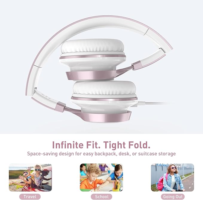 AILIHEN Kids Headphones, Headphones for School Girls Wired On-Ear Headsets with Microphone for Chromebook Laptop Computer, Foldable Adjustable Teen, Tangle-Free, 3.5mm Jack (Rose Gold)-CubbioJoy