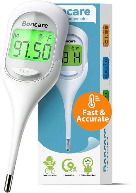 Boncare 9 Seconds Basal Body Thermometer for Ovulation, Oral Thermometer for Adults and Kids - Accurate Rectal Thermometer, with Fever Alarm and Large Display (Rice-White)-CubbioJoy