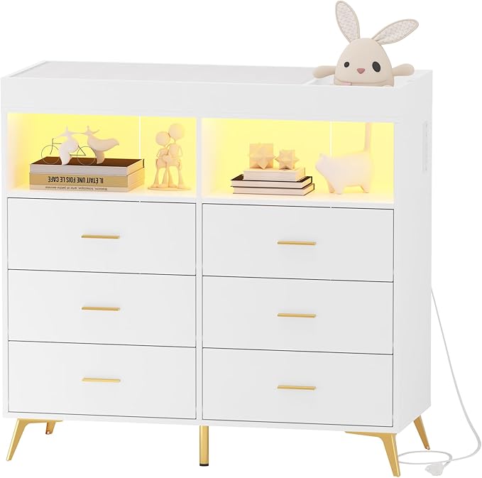 Changing Table Dresser with Drawers, Baby Dresser with Changing Table Top, Power Outlet, LED Light & Metal Feet, Diaper Changing Station Nursery Organizer for Infants Newborn, White-CubbioJoy
