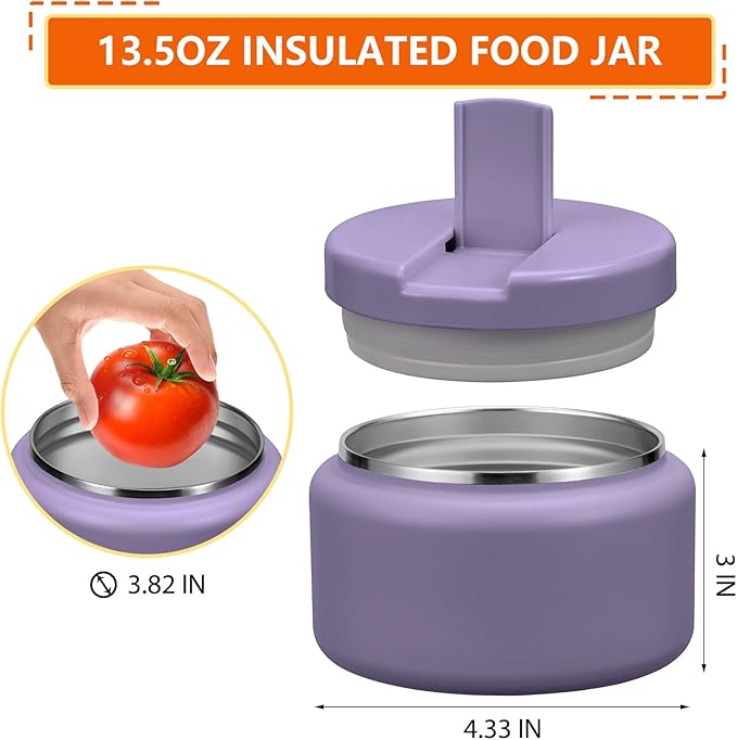 13.5oz Kids Thermos for Hot Food, Insulated Vacuum Food Jar with Buckle Lid, Stainless Steel Wide Mouth Leak Proof Insulated Lunch Container for School Picnic Travel,Purple-CubbioJoy