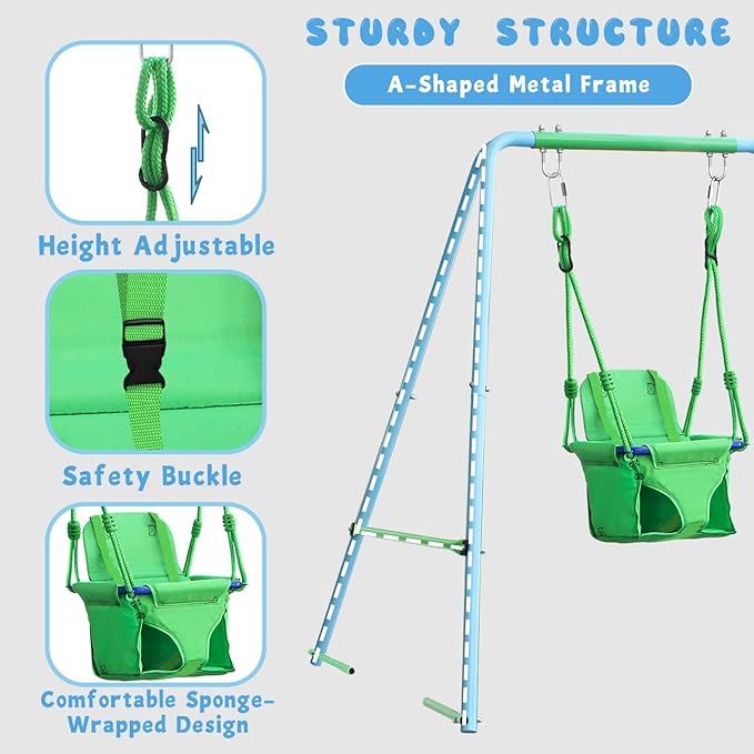 2-in-1 Toddler Swing Set with Metal Stand, Safety Belt & 4 Anchors - A-Frame Swing for Kids 6 Months+ (Blue, Indoor/Outdoor Backyard Playground)-CubbioJoy