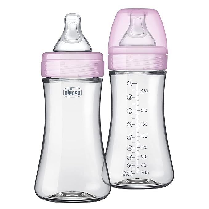Chicco Duo 9oz. Hybrid Baby Bottle with Invinci-Glass Inside and Plastic Outside | Dishwasher, Bottle Warmer, and Electric Sterilizer Safe | Intui-Latch Nipple | Clear/Pink, 2pk-CubbioJoy