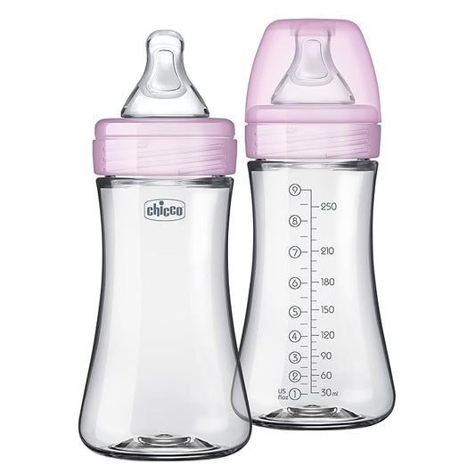 Chicco Duo 9oz. Hybrid Baby Bottle with Invinci-Glass Inside and Plastic Outside | Dishwasher, Bottle Warmer, and Electric Sterilizer Safe | Intui-Latch Nipple | Clear/Pink, 2pk-CubbioJoy