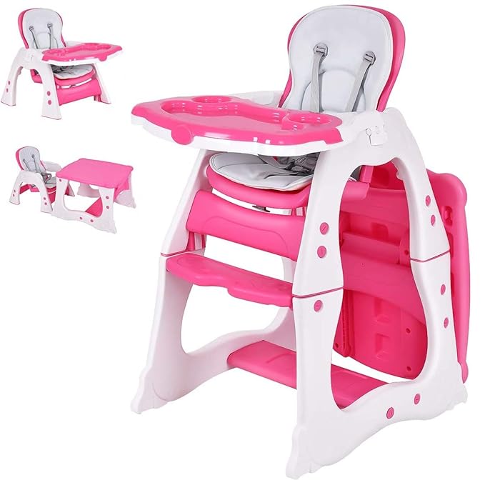 Costzon Baby High Chair, 3 in 1 Infant Table and Chair Set, Convertible Booster Seat with 3-Position Adjustable Feeding Tray, Adjustable Seat Back, 5-Point Harness (Pink)-CubbioJoy