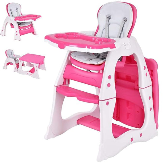Costzon Baby High Chair, 3 in 1 Infant Table and Chair Set, Convertible Booster Seat with 3-Position Adjustable Feeding Tray, Adjustable Seat Back, 5-Point Harness (Pink)-CubbioJoy