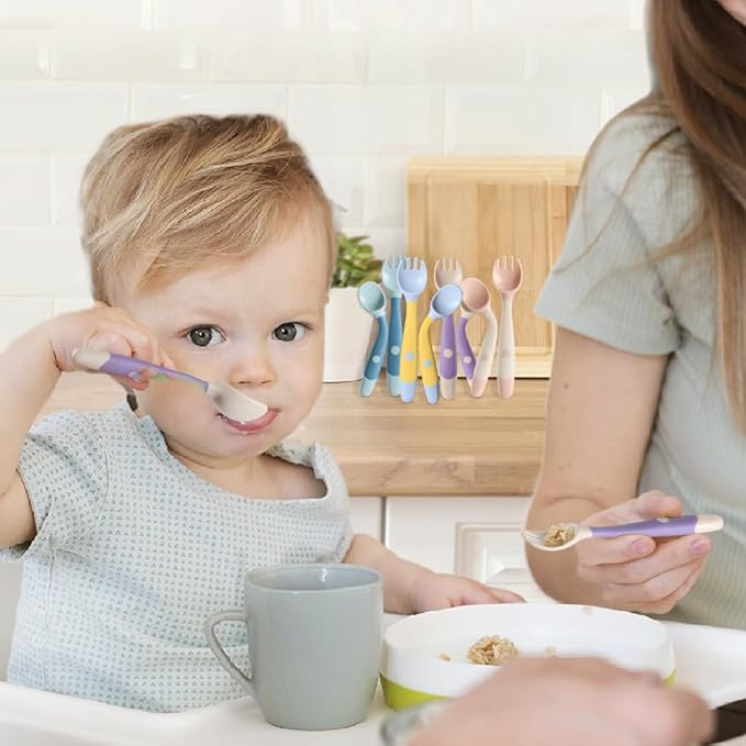 Baby Utensils Spoons and Forks Set Bendable Self-Feeding Silverware for Toddler Children with Travel Case Gum Friendly Food Grade (4 Set)-CubbioJoy