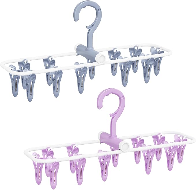 Clothes Drying Hanger with 12 Clips, 2 Pack Folding Portable Hanging Drying Rack,Drip Foldable Hanging Rack, 360° Rotatable Hook for Drying Towels Bras Baby Clothes Gloves Plastic(Blue&Purple)-CubbioJoy