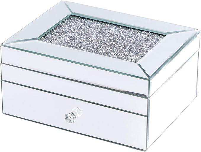 2 Layer Mirror Glass Jewelry Box with Crushed Diamond Decor, Velvet-Lined Trinket Organizer for Rings Earrings Necklaces Bracelets - Elegant Treasure Chest Storage Case for Women Girls-CubbioJoy