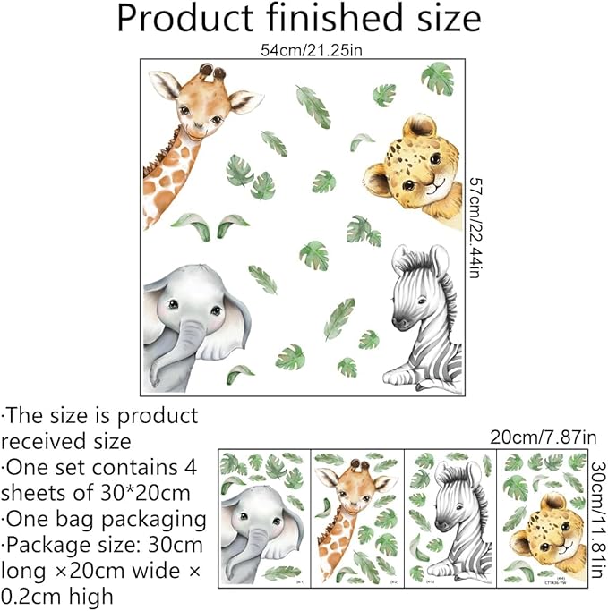 22.44 x 21.25 Inch Watercolor Jungle Animal Window Clings Tiger Lion Elephant Zebra Window Stickers Double-Side Safari Animal Window Stickers for Baby Nursery Playroom Bedroom Window Glass Wall Decor-CubbioJoy